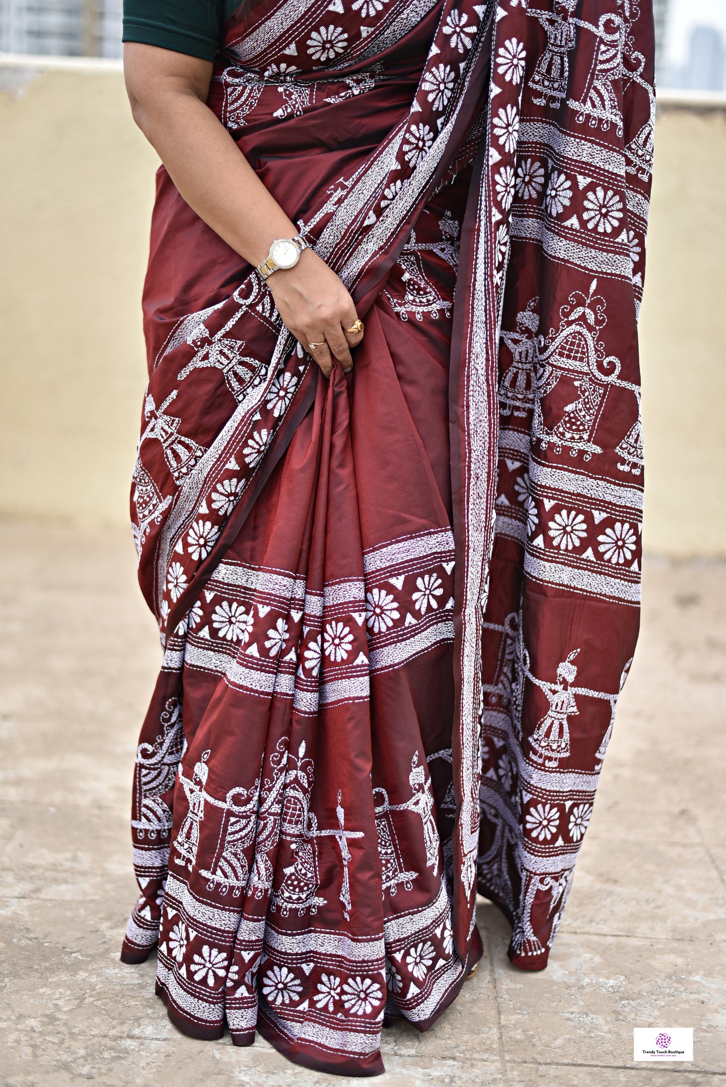 kantha handembroidered designer bangalore art silk chocolate brown with white thread palki motif marriage and wedding function special lightweight saree best fabric best price with blouse piece