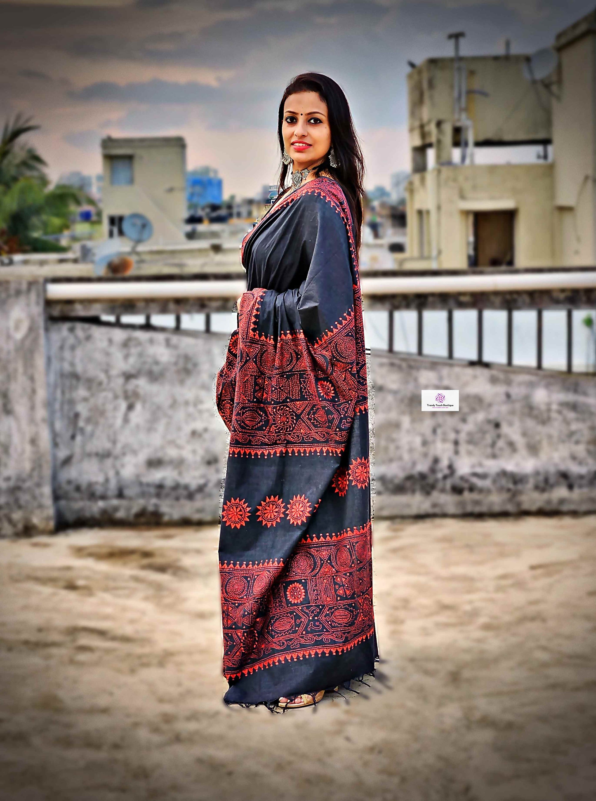 Khadi cotton handloom black saree with orange thread kantha hand embroidered best summer fabric for formal and casual styling marriage functions and family events with blouse piece best price