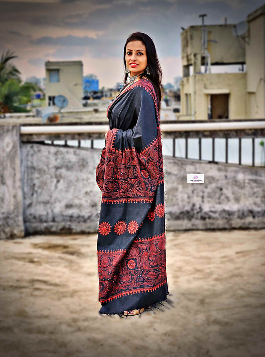 Cotton handloom black saree with orange thread kantha hand embroidered best summer fabric for formal and casual styling marriage functions and family events with blouse piece best price