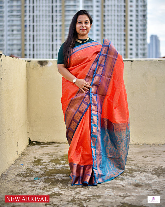 ANKHI - PEACH ORANGE & BLUE - ZARI WORK SILK SAREE