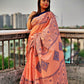 peach blue kantha stitch hand embroidered pure cotton handloom saree wedding season party wear marriage celebration affordable price with blouse piece designer saree