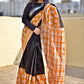 Orange Black Handblock print linen saree organic dye best summer fabric best price casual and formal saree 