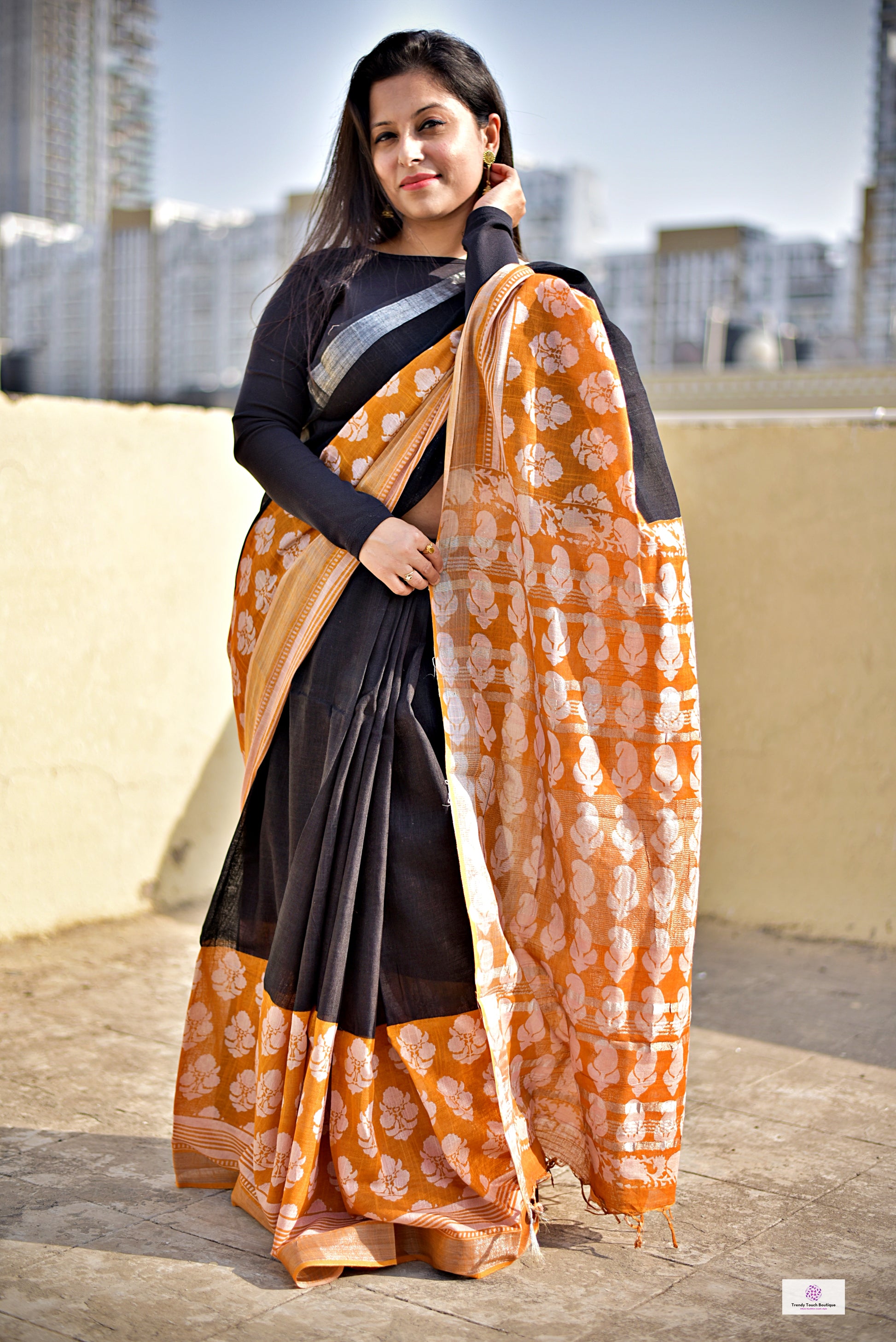 Orange Black Handblock print linen saree organic dye best summer fabric best price casual and formal saree 