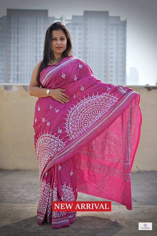 PRERNA - KANTHA HAND EMBROIDERED - BLENDED BANGALORE SILK (RANI PINK)