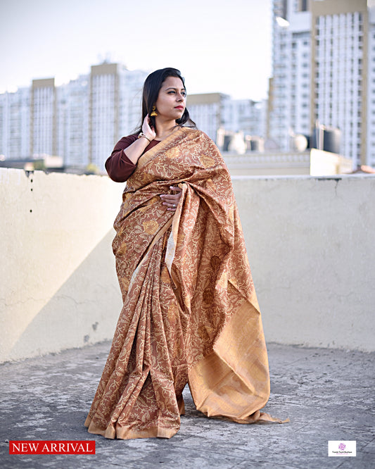 semi tussar silk saree in golden brown leaf pattern for special ocassion, office, wedding with blouse piece best price