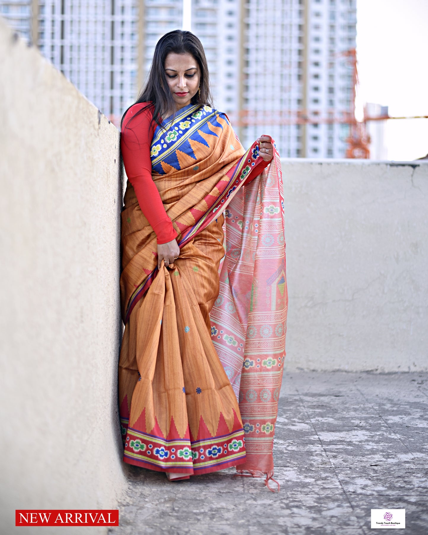 Yellow red blue semi tussar silks saree in ikkat digital print saree for regular wear and casual function office for women with blouse piece and best price