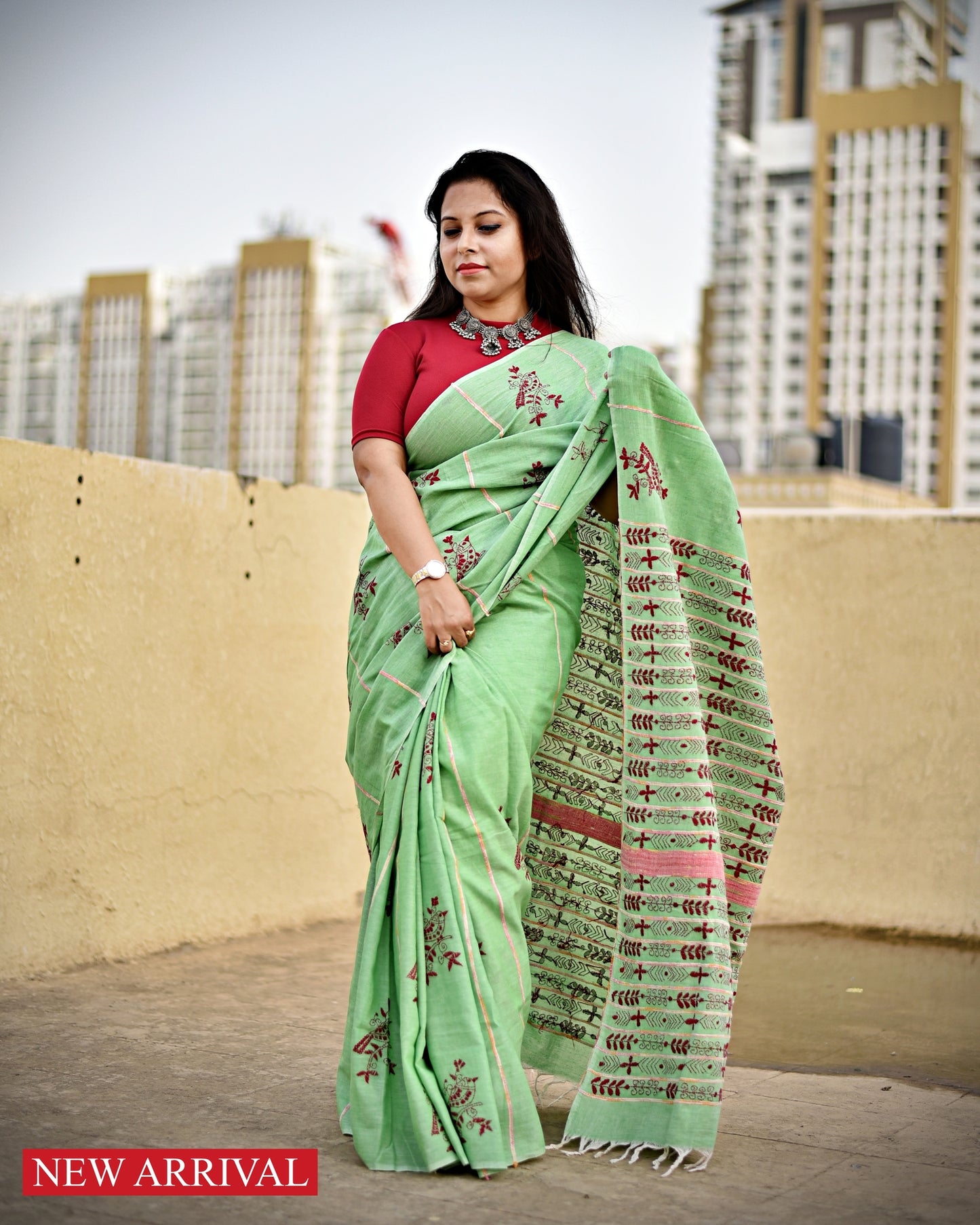 PISTA - KANTHA HAND EMBROIDERED - KHESH KHADI COTTON SAREE