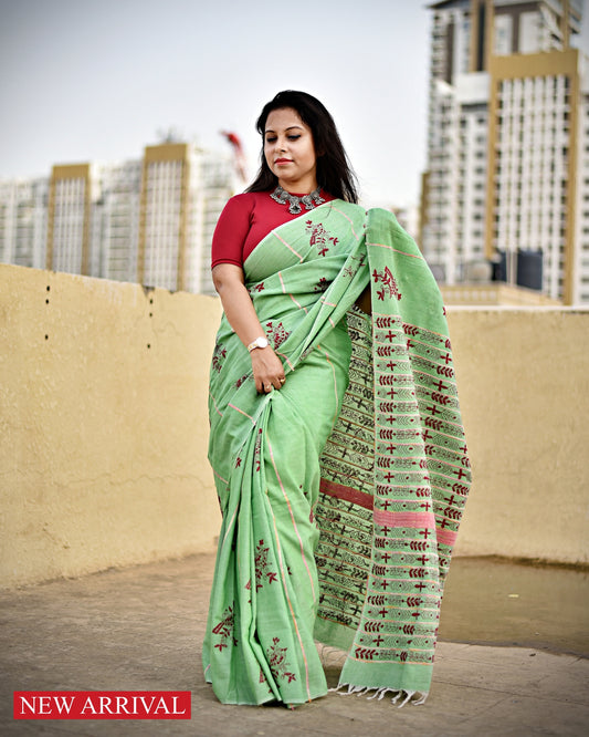 PISTA - KANTHA HAND EMBROIDERED - KHESH KHADI COTTON SAREE