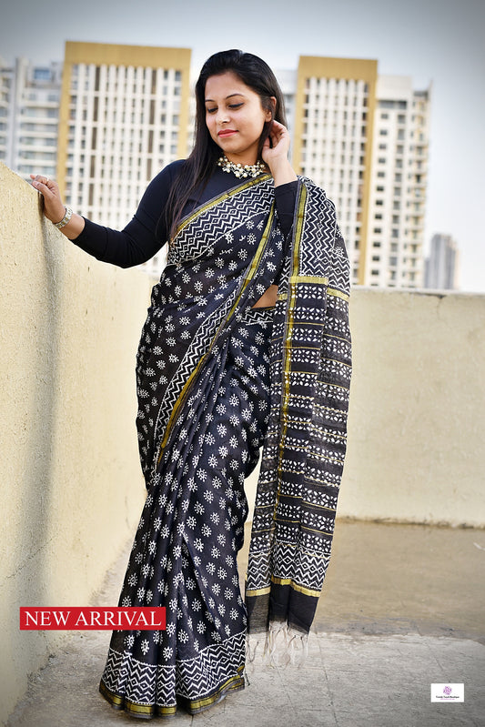 black chanderi silk saree with zari border handblock print summer fabric best price with blouse piece office wear and casual styling party wear saree