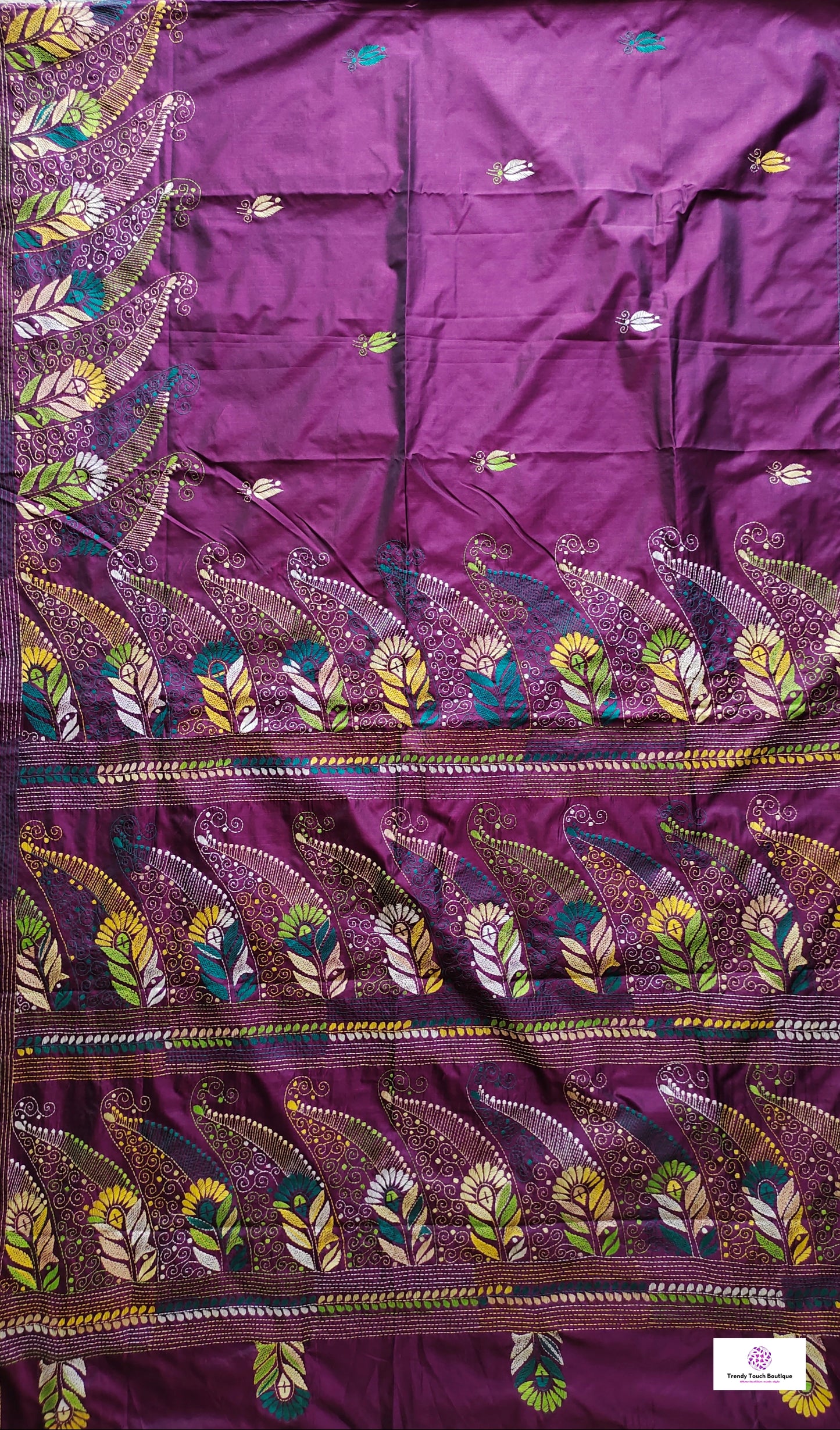 Magenta color designer handembroidered bangalore art silk saree with kantha handembroidery in white, green, yellow threads perfect for summer weddings and casual functions with blouse piece best summer fabric