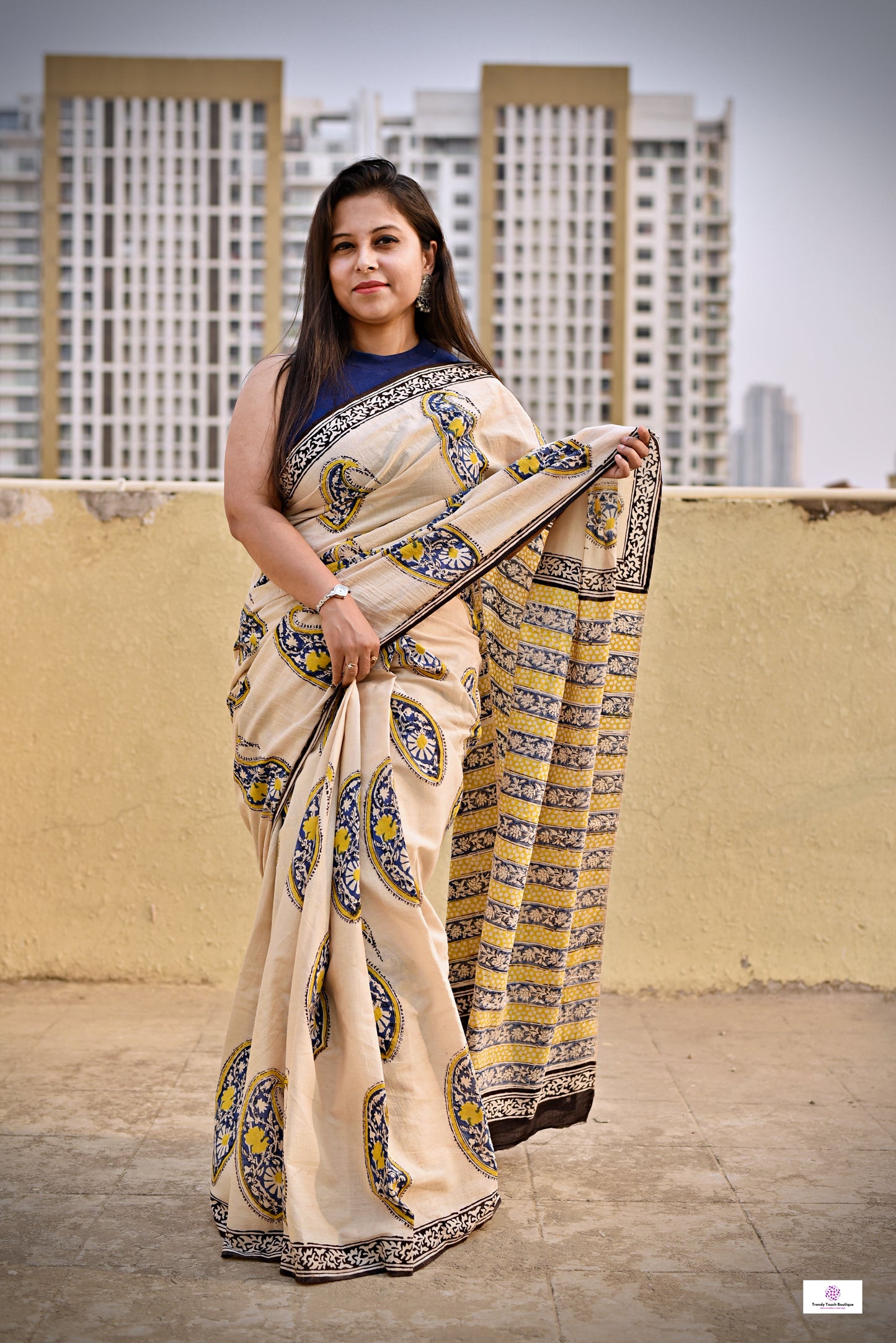 handblockprinted mulcotton in beige base with blue, yellow and black for office and casual styling summer best fabric saree with blouse piece and best price