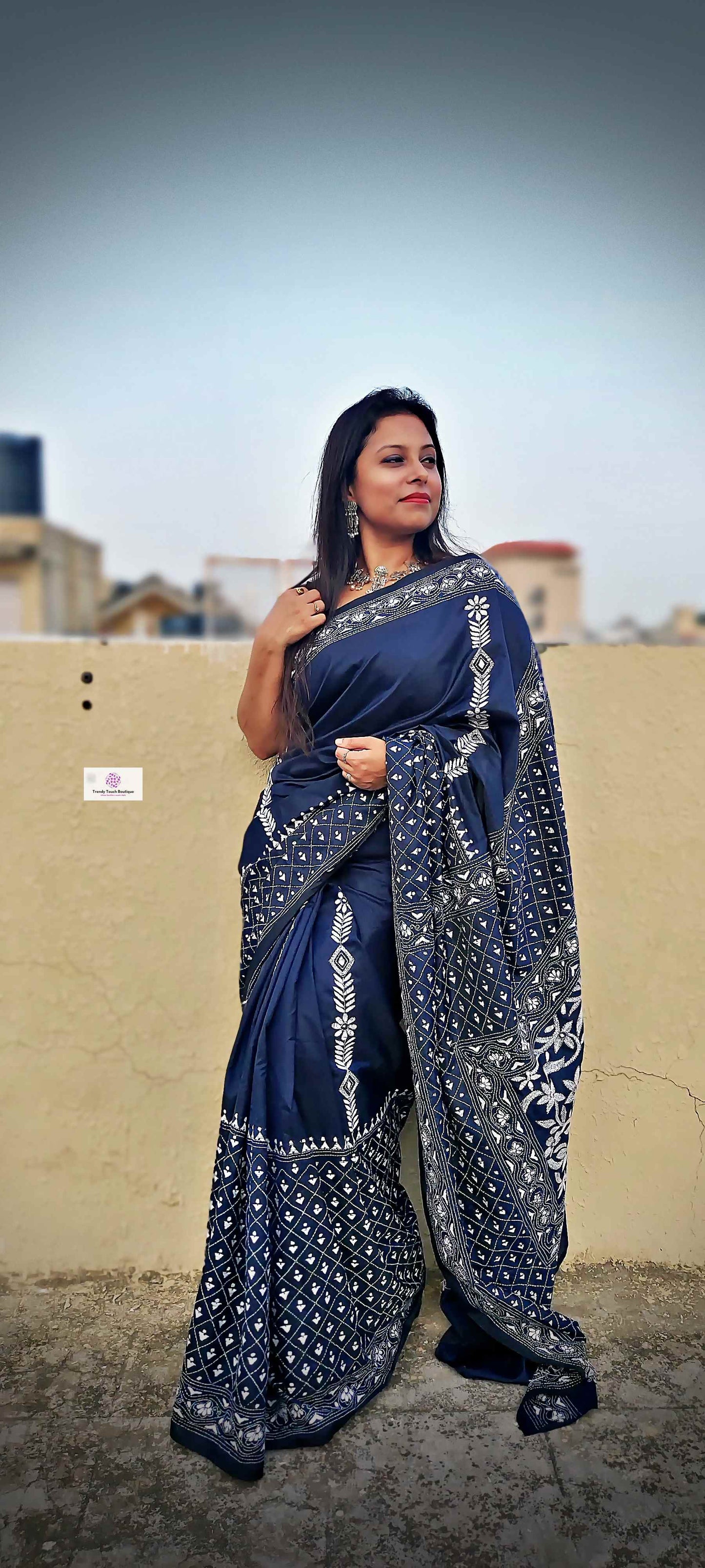 Kantha Stitch Work hand embroidered Midnight Blue Designer Soft Blended Bangalore Silk Saree best price new design festive fashion wedding party wear marriage function special occasion with blouse piece