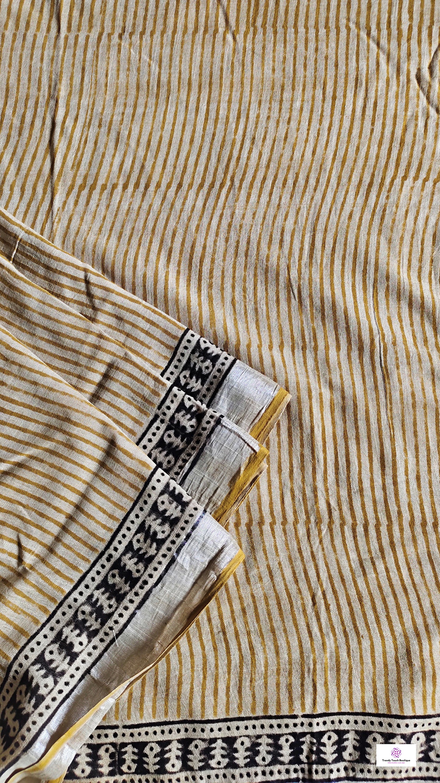 yellow black stripe handblockprint natural dye linen cotton saree best summer fabric best price with blouse piece