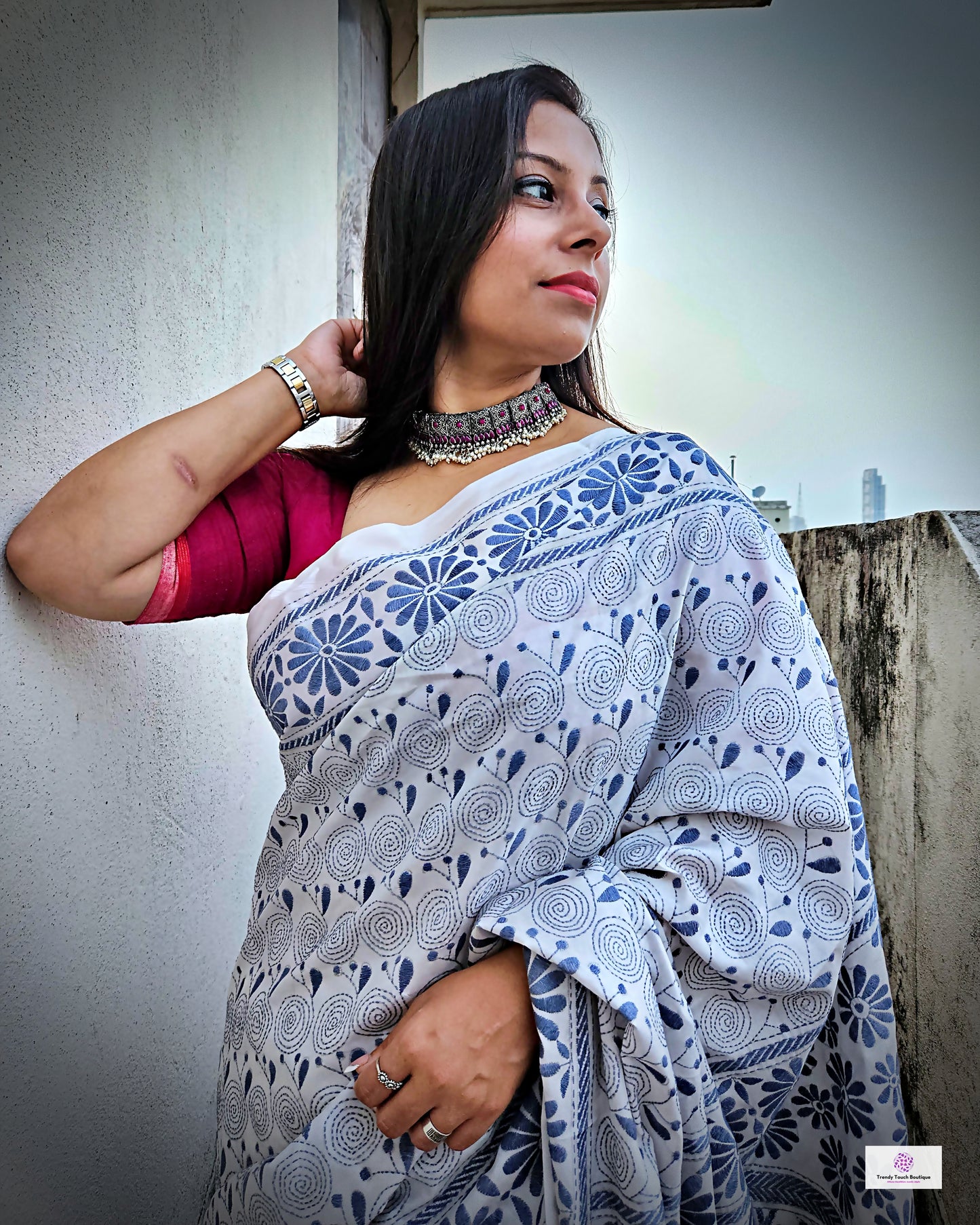 White Kantha Embroidered Silk Saree