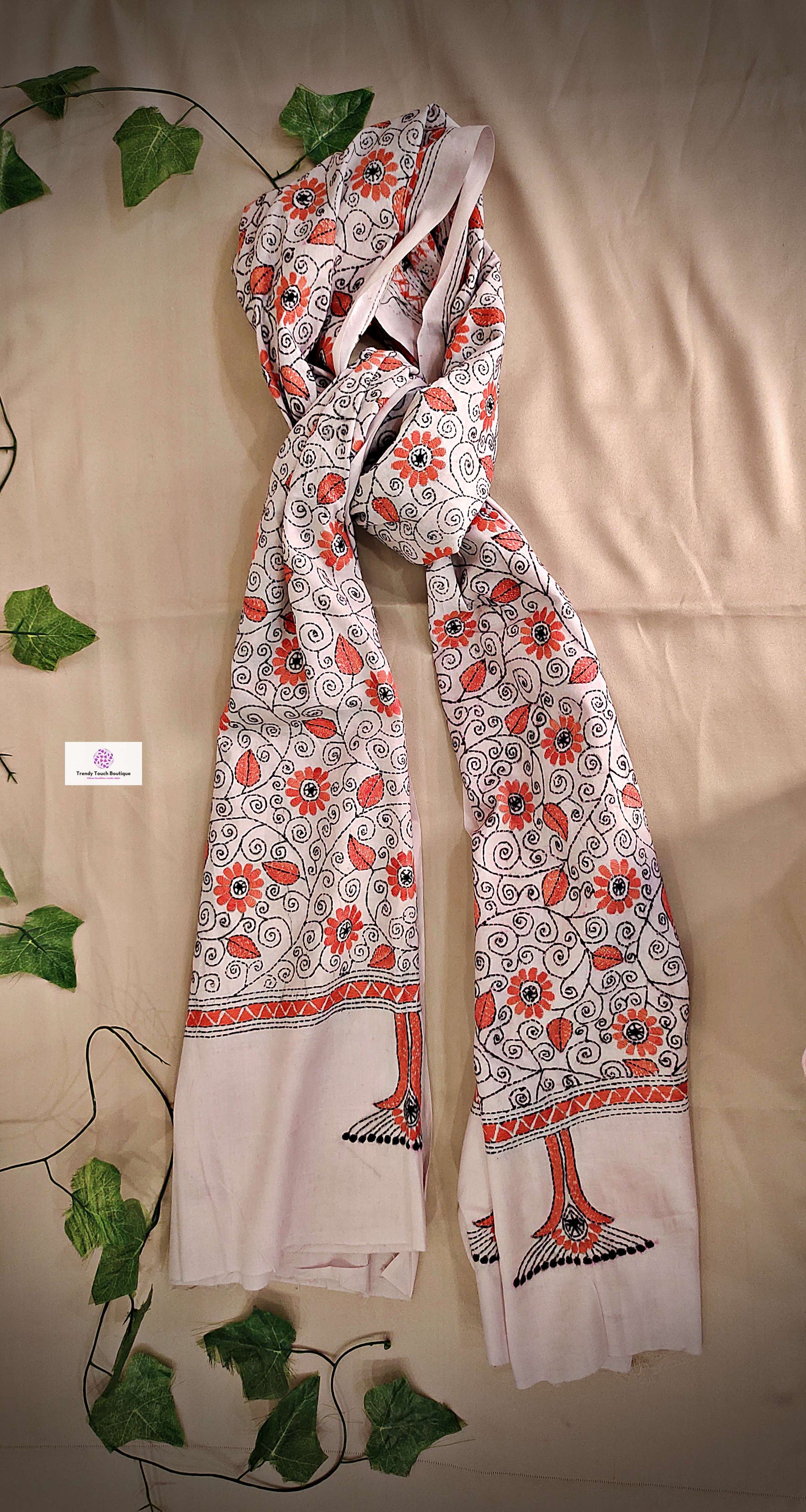 kantha handembroidered pure cotton designer statement dupatta for kurti styling in summer Holi sale best price white orange floral handcrafted