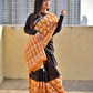 Orange Black Handblock print linen saree organic dye best summer fabric best price casual and formal saree 