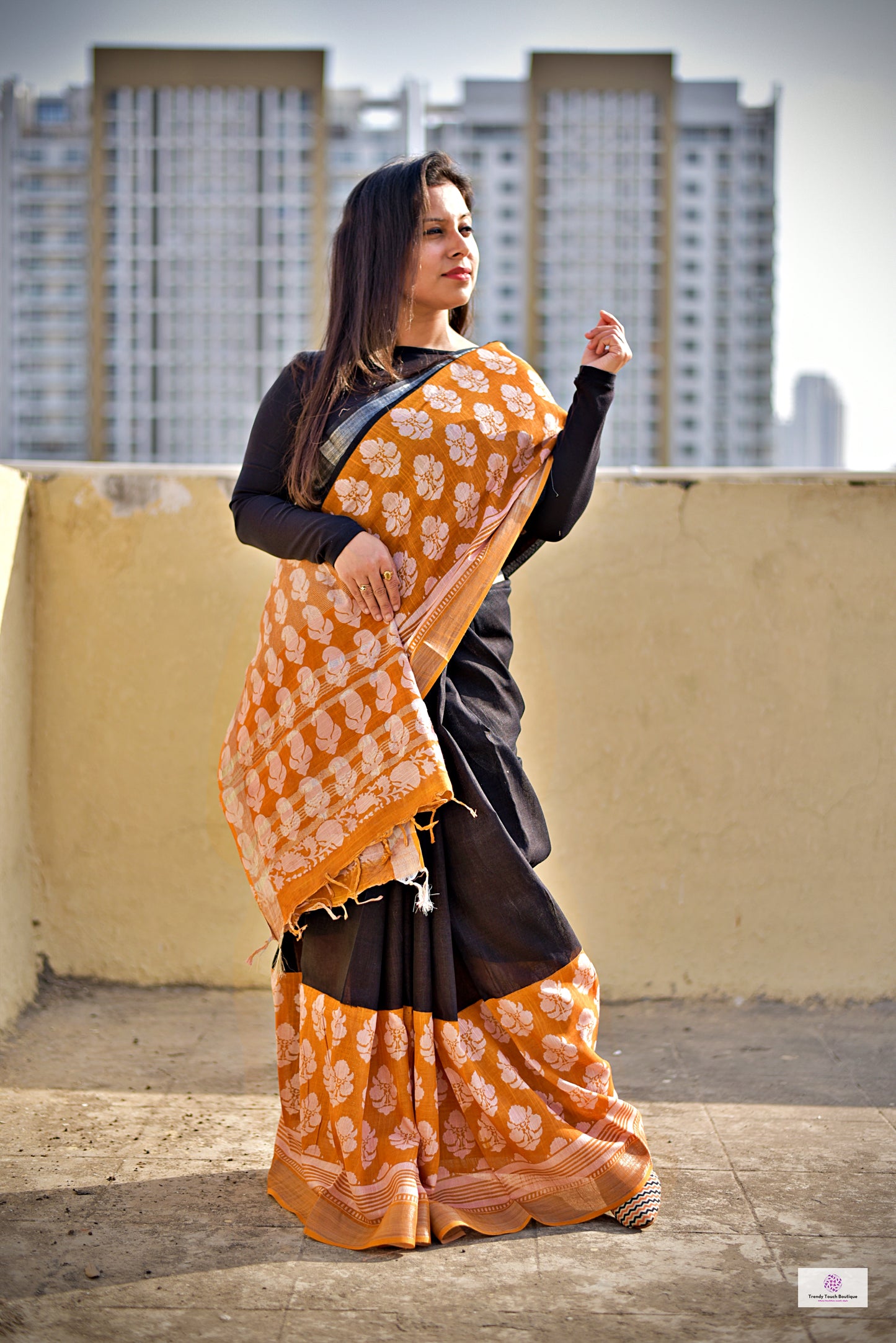 Orange Black Handblock print linen saree organic dye best summer fabric best price casual and formal saree 