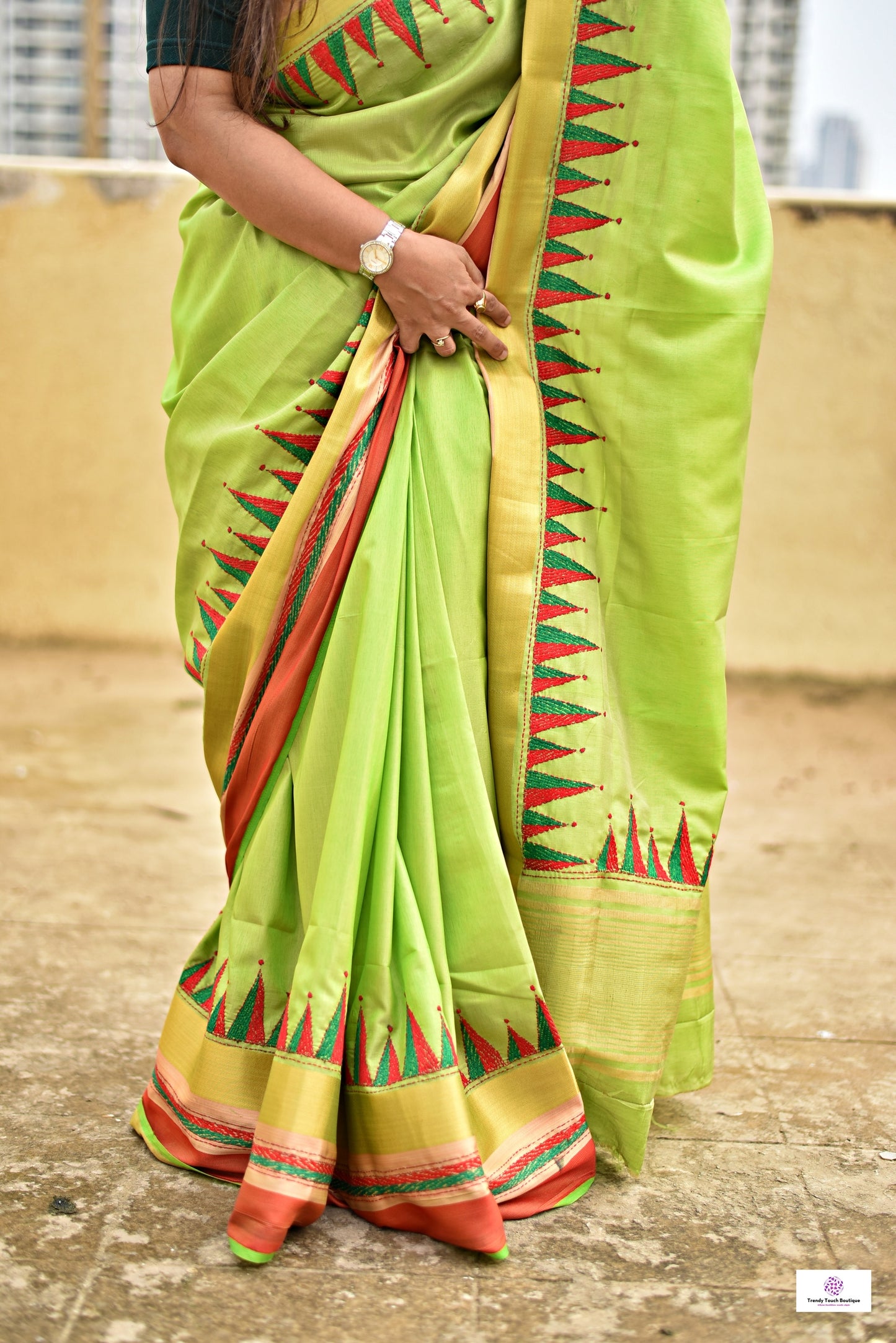 kantha handembroidered temple border on green red and golden bordered parrot green kataan silk saree best for summer wedding celebrations and speical functions with blouse piece best price