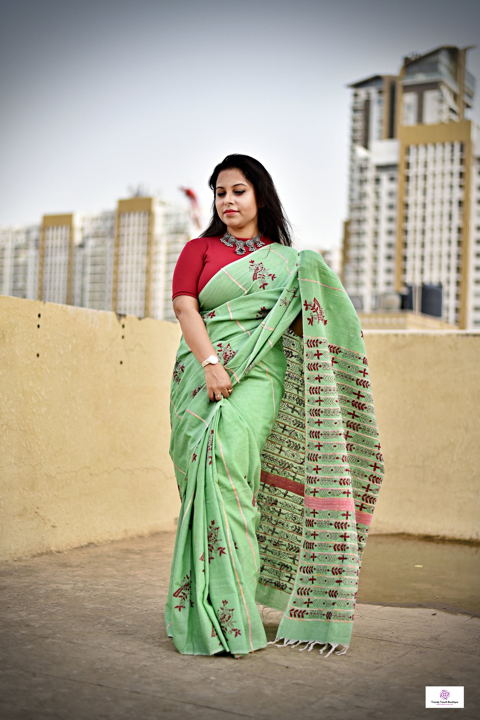 pista green and red kantha handembroidered designer khesh khadi cotton handloom saree best summer fabric with blouse piece best price wedding functions