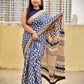 handblockprinted blue beige organic mulcotton saree best summer fabric office and causal style best price with blouse piece