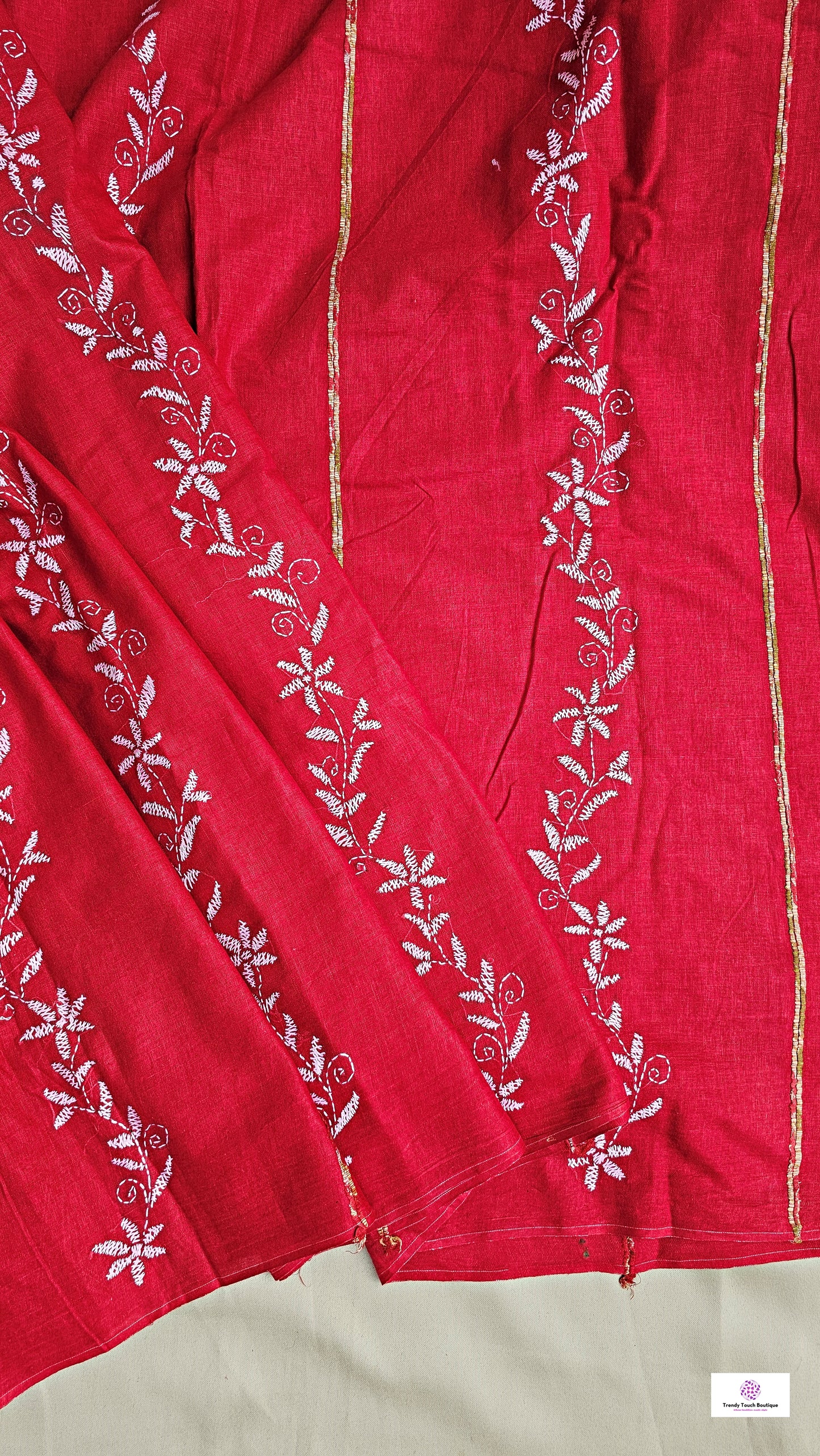 Kantha stitch handembroidered designer red khesh khadi cotton handloom with blouse piece best price