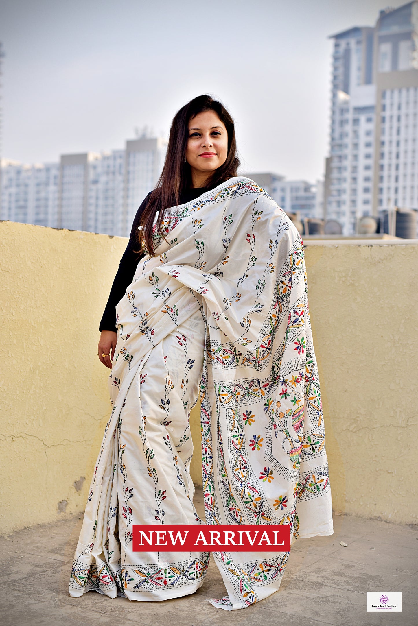 FOLKLORE - KANTHA HAND EMBROIDERED - BLENDED BANGALORE SILK (PEARL WHITE)