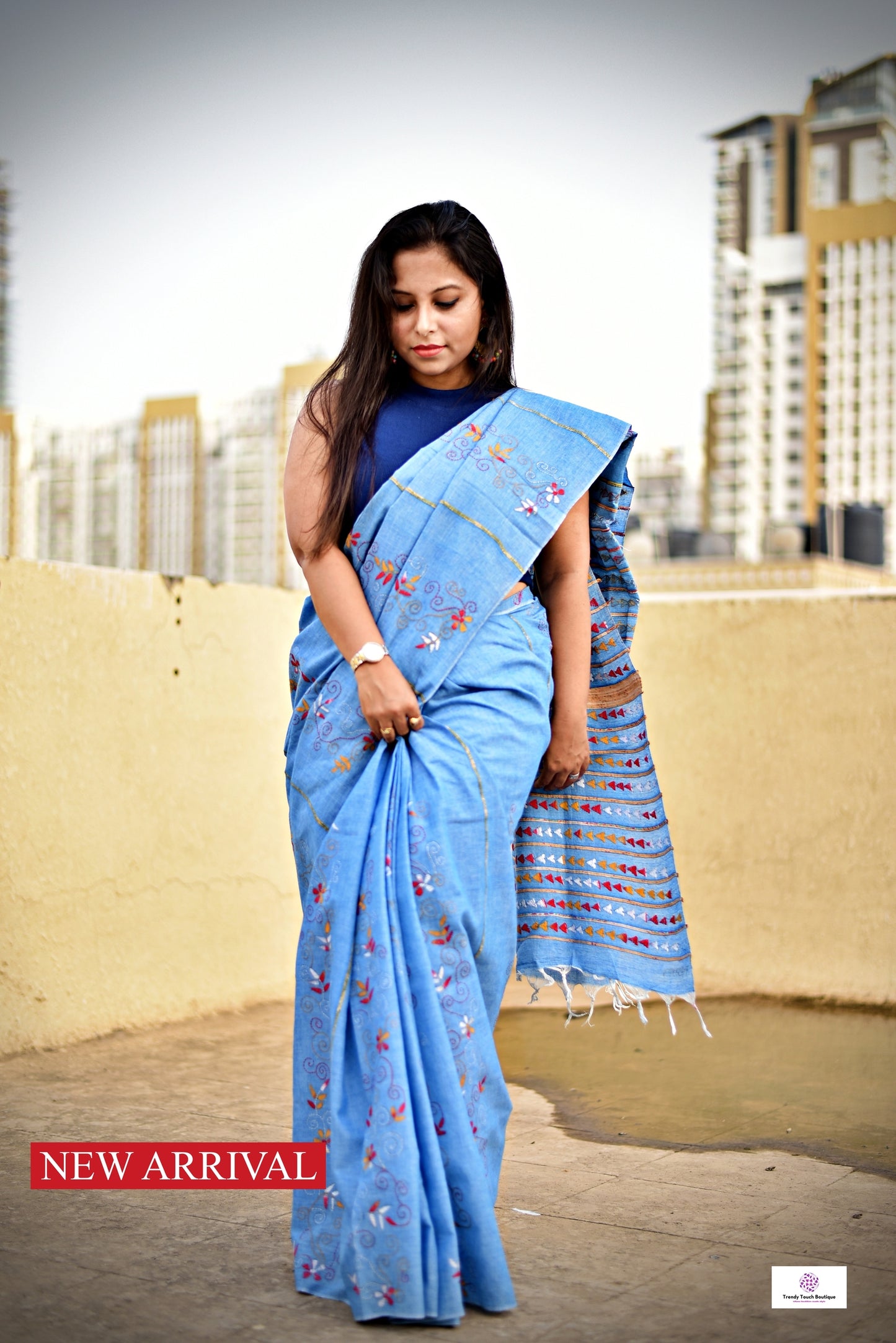 SKY - KANTHA HAND EMBROIDERED - KHESH KHADI COTTON SAREE