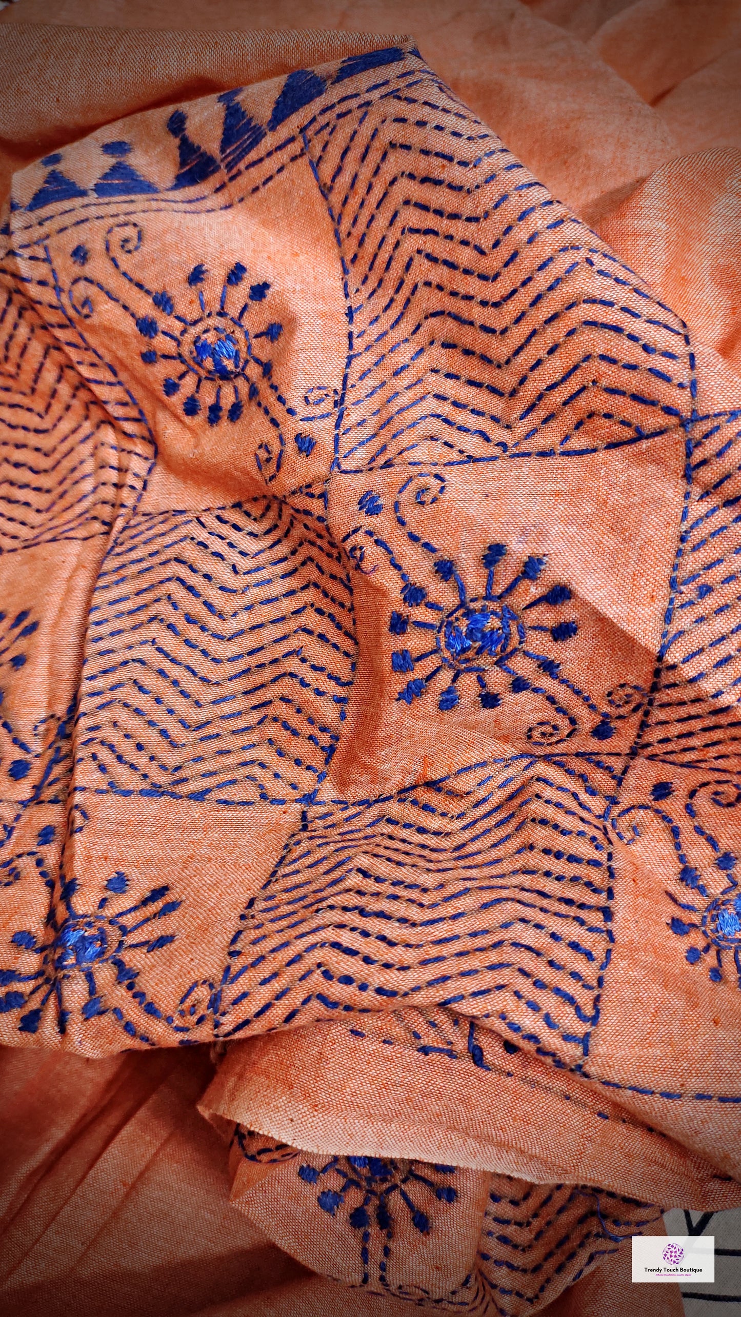 peach blue kantha stitch hand embroidered pure cotton handloom saree wedding season party wear marriage celebration affordable price with blouse piece designer saree