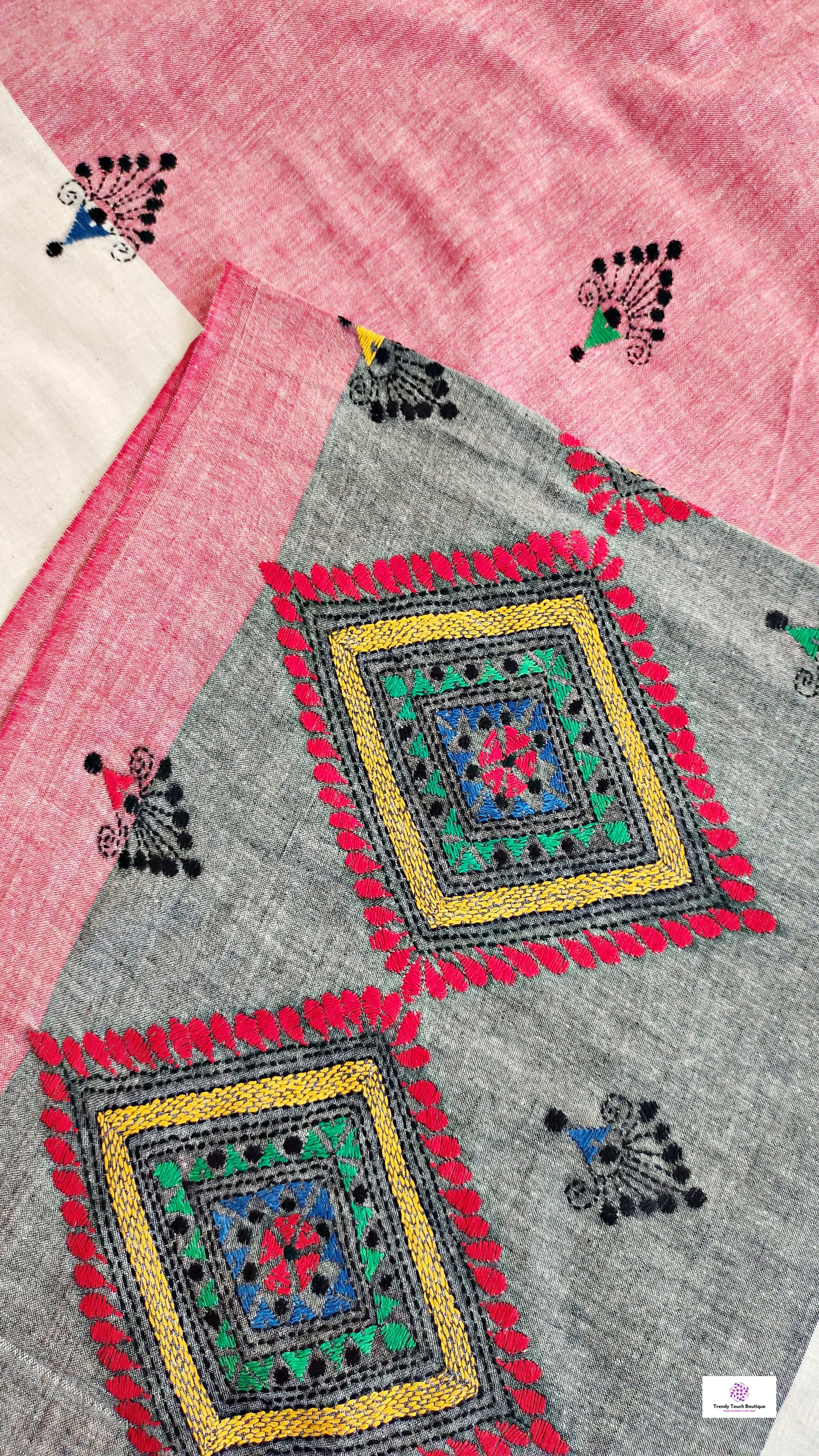 kantha handembroidered designer khadi handloom saree pink green grey yellow best summer fabric for office and casual family functions with blouse piece best price