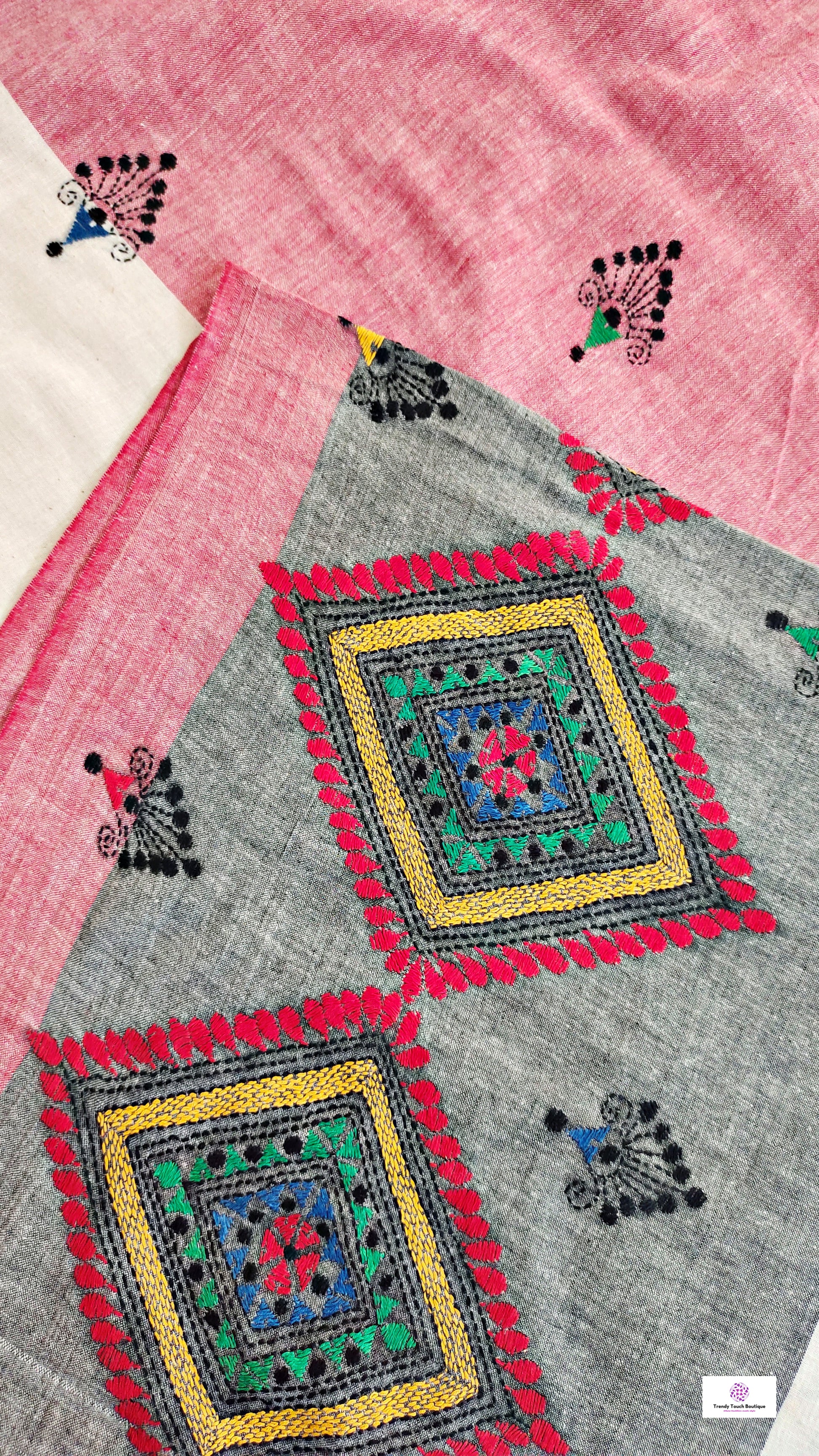 kantha handembroidered designer khadi handloom saree pink green grey yellow best summer fabric for office and casual family functions with blouse piece best price