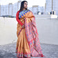 Yellow red blue semi tussar silks saree in ikkat digital print saree for regular wear and casual function office for women with blouse piece and best price