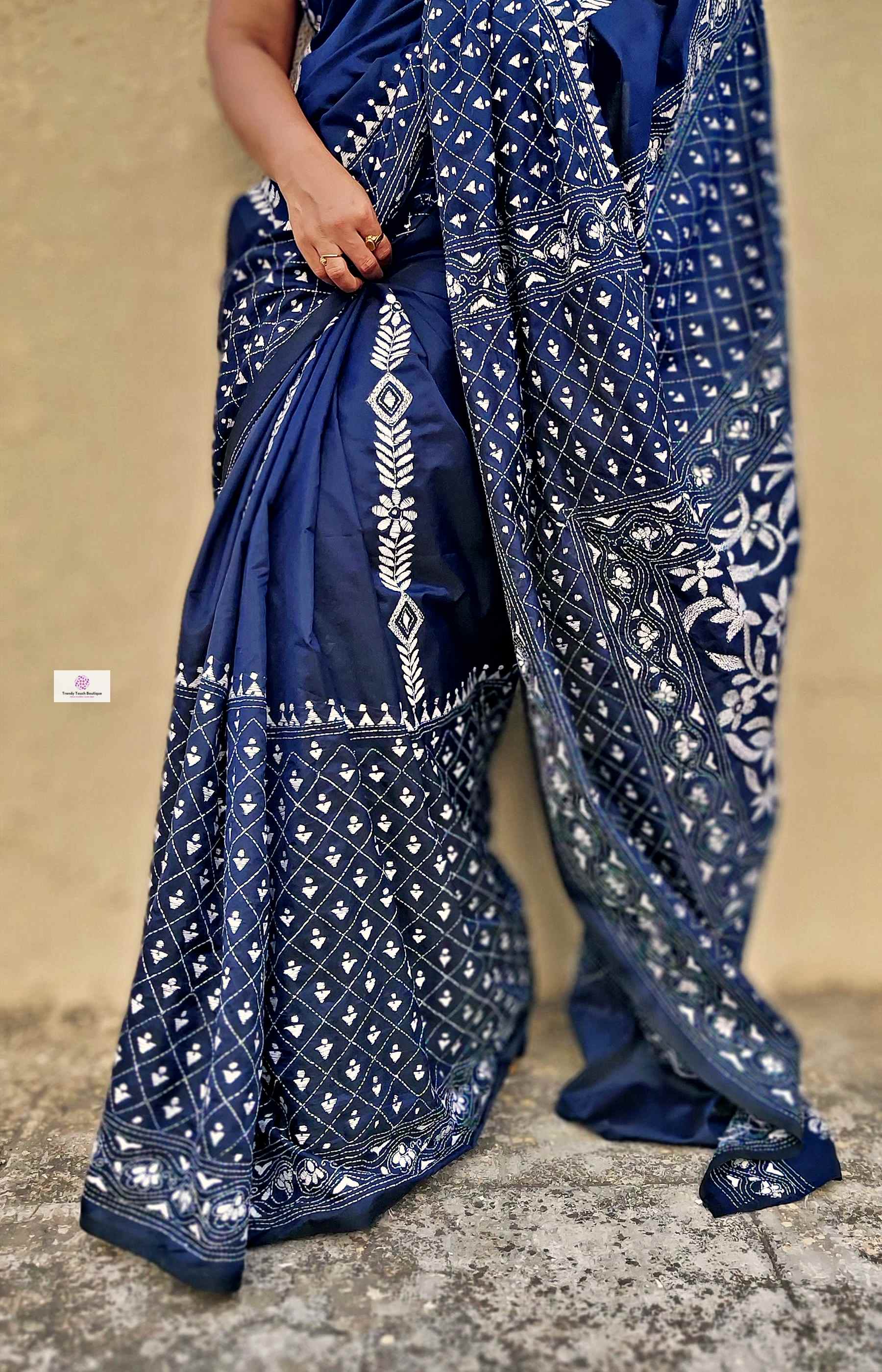 Pure Silk Hand Embroidery Kantha Stitch Saree in Royal Blue and White –  Bengal Looms India