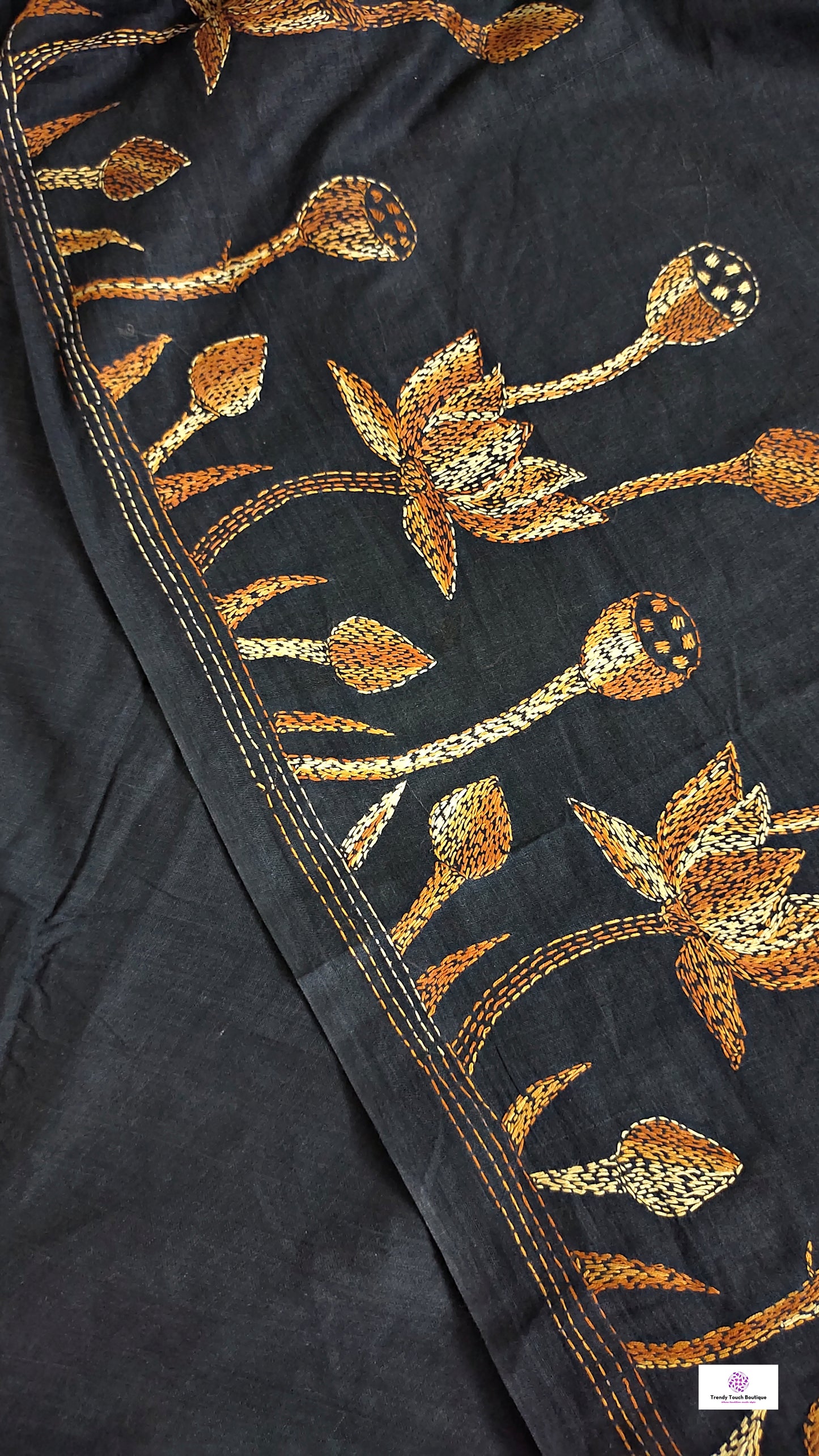 black cotton handloom kantha handembroidered famous lotus design best summer fabric best price with blouse piece summer celebrations saree