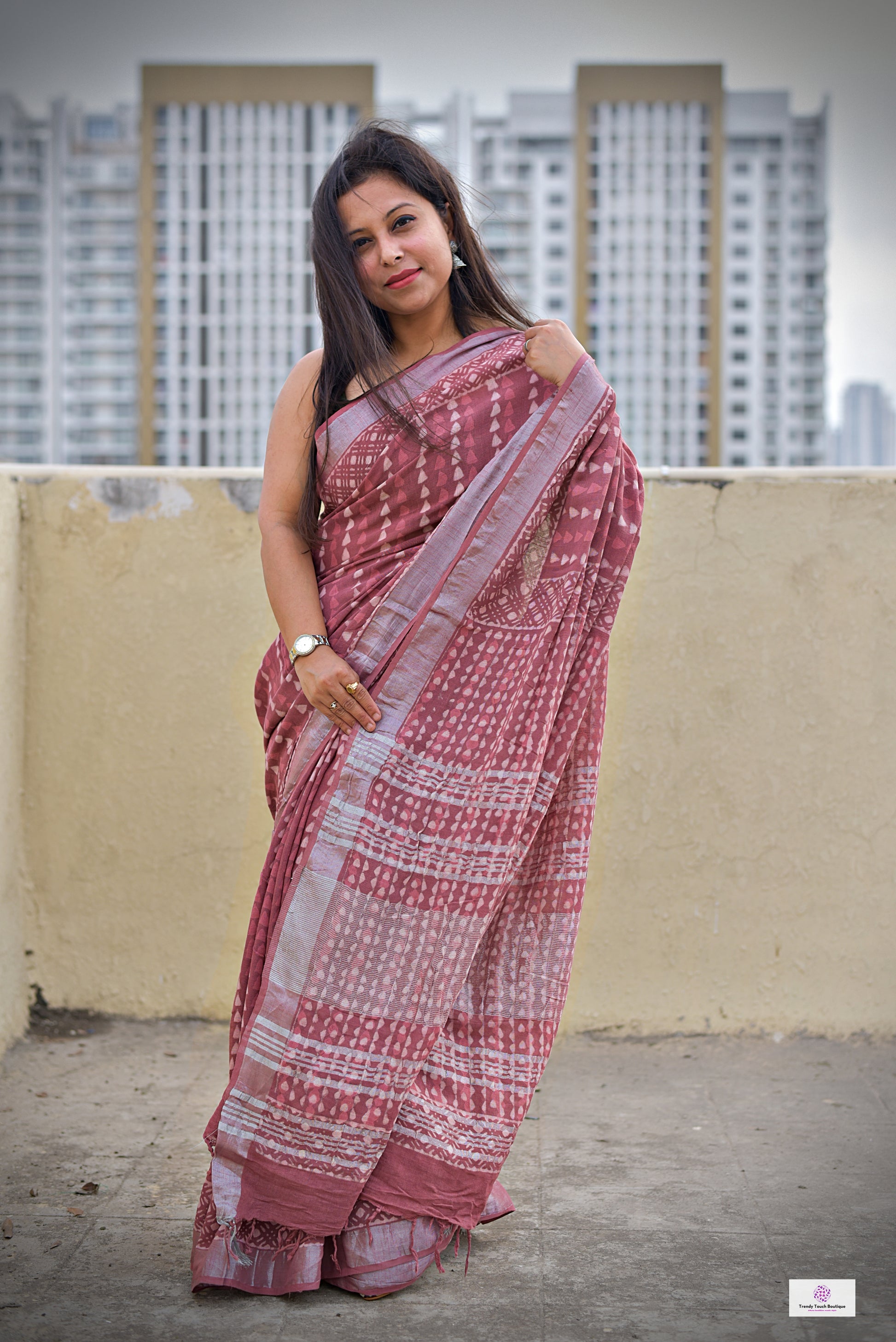 best summer handwoven handloom fabric handblock print organic slub linen saree pastel color brown at best price with blouse piece for office wear or everyday styling!