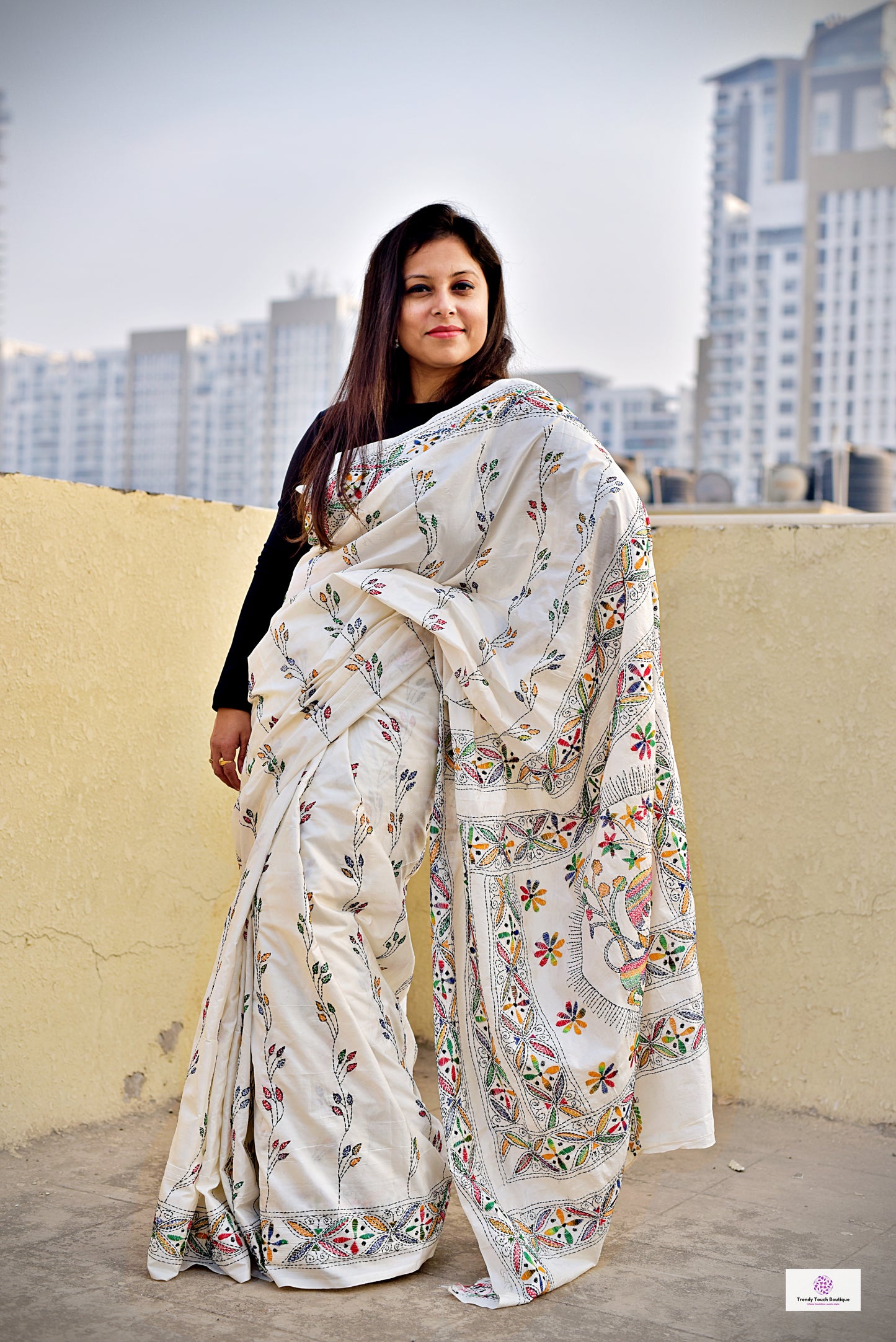 White Bangalore art silk Kantha stitch saree office wear wedding function celebration party wear floral design with blouse piece best price