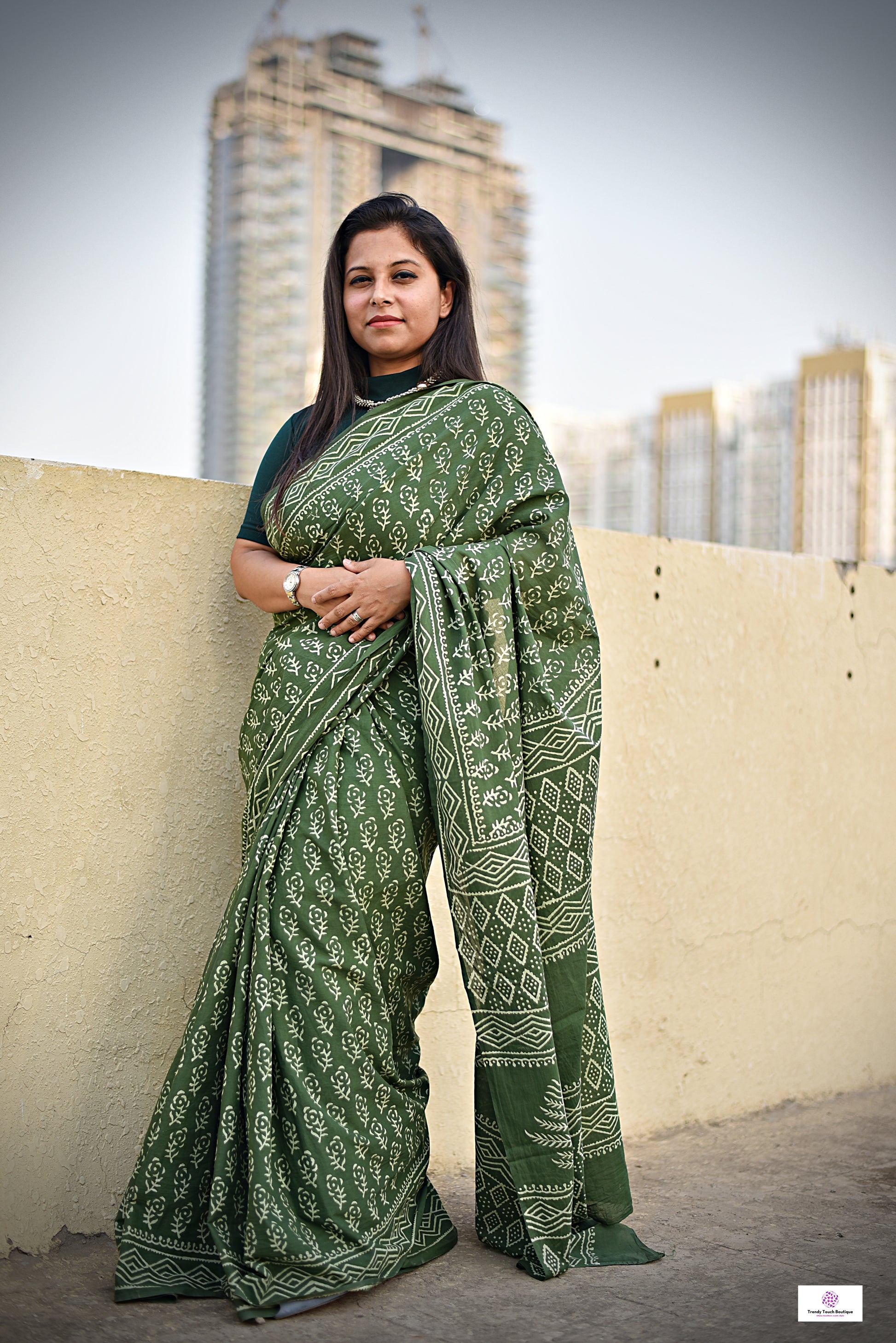 handblockprint green mulcotton saree best summer fabric office and casual saree styling best price with blouse piece