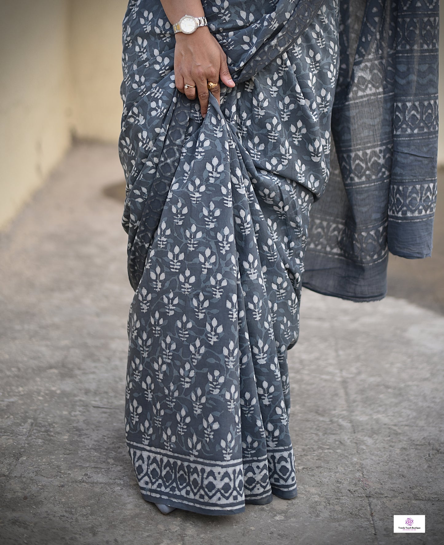 handblockprint mulcotton grey saree best summer fabric with blouse piece office and casual saree style best price