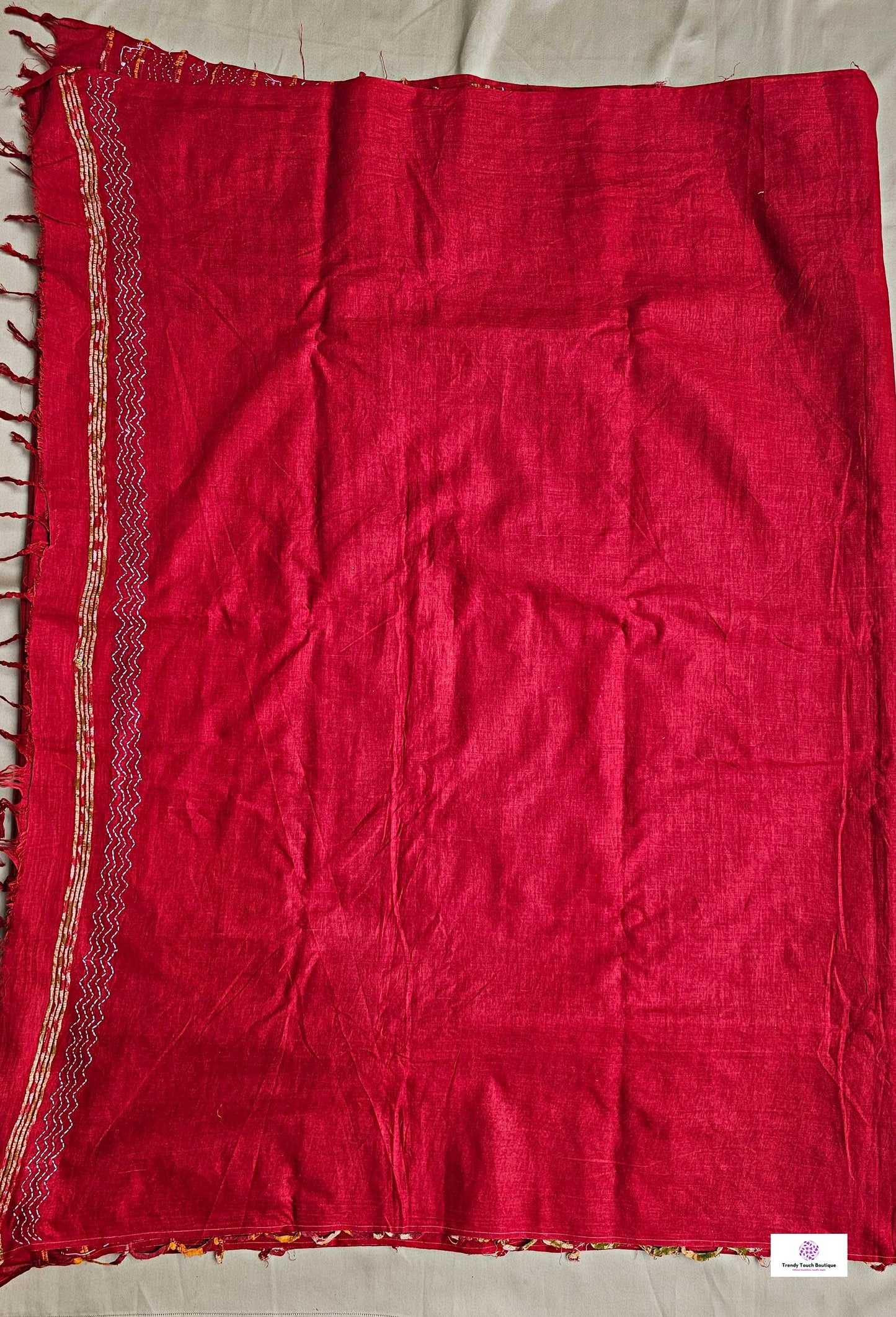 Kantha stitch handembroidered designer red khesh khadi cotton handloom with blouse piece best price