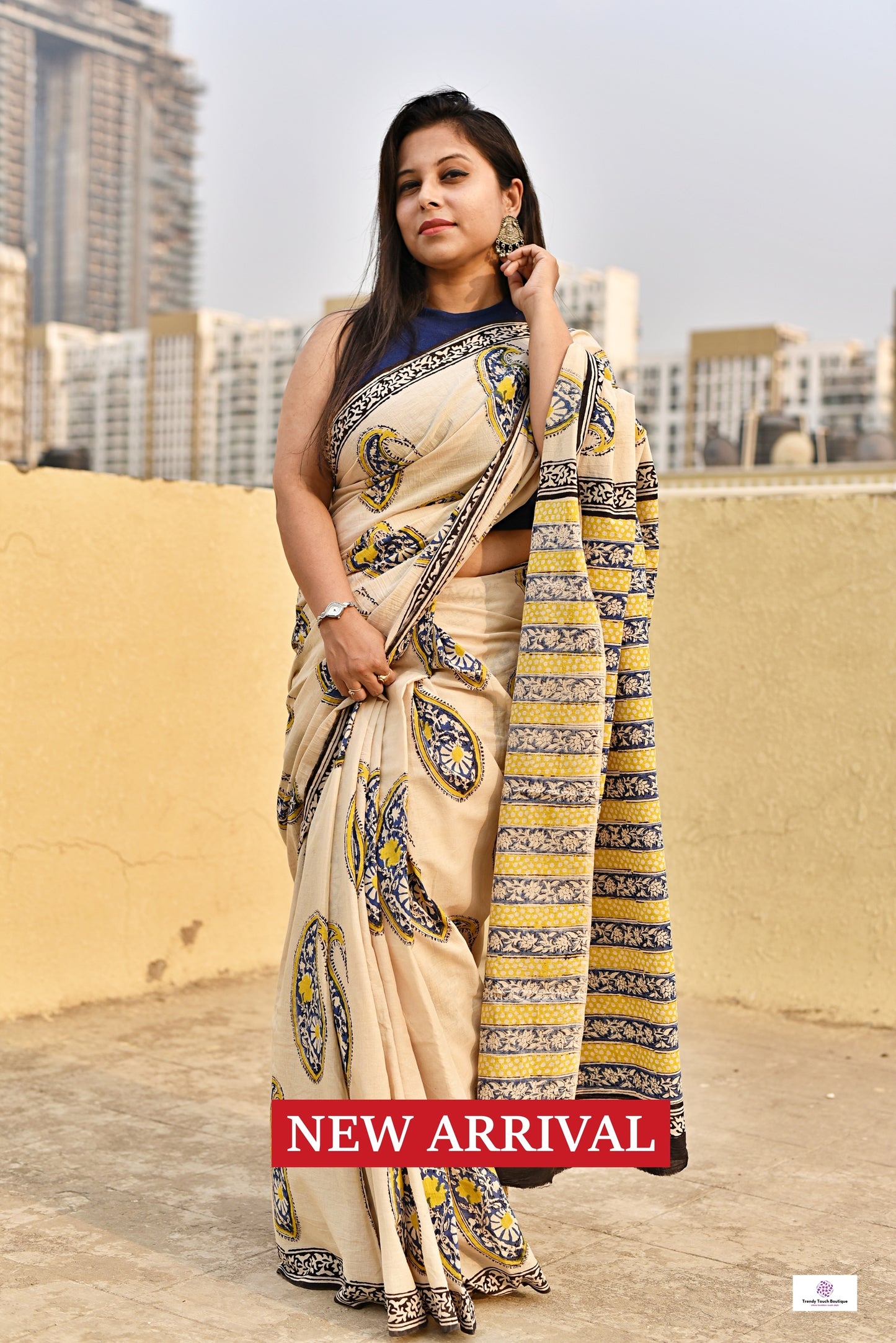 handblockprinted mulcotton in beige base with blue, yellow and black for office and casual styling summer best fabric saree with blouse piece and best price