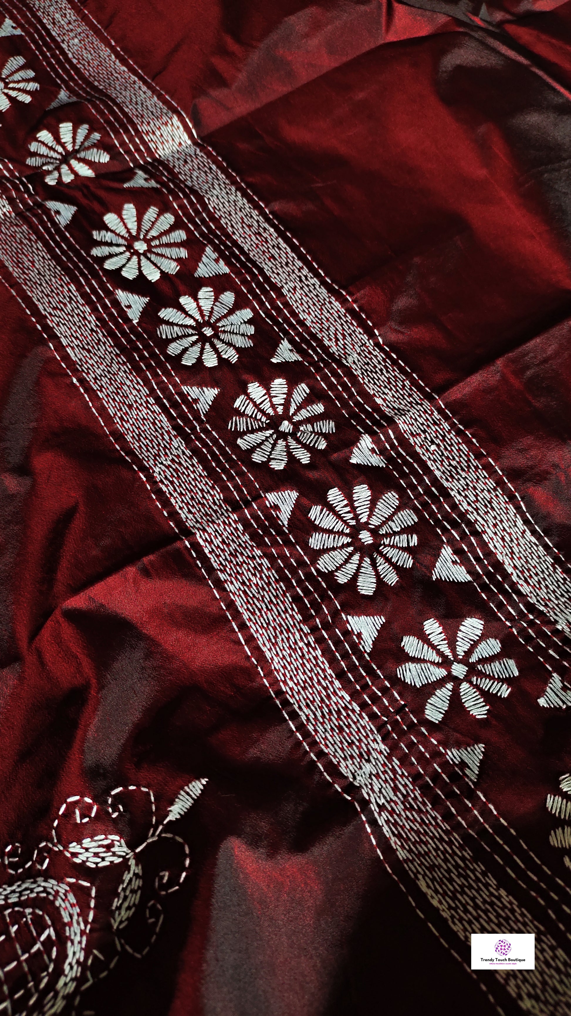 kantha handembroidered designer bangalore art silk chocolate brown with white thread palki motif marriage and wedding function special lightweight saree best fabric best price with blouse piece