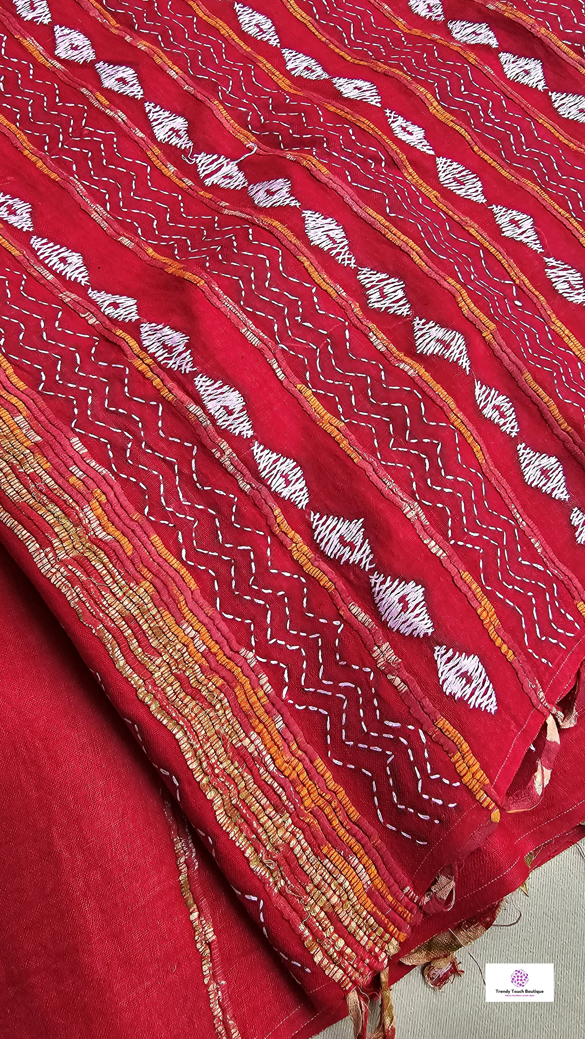 Kantha stitch handembroidered designer red khesh khadi cotton handloom with blouse piece best price