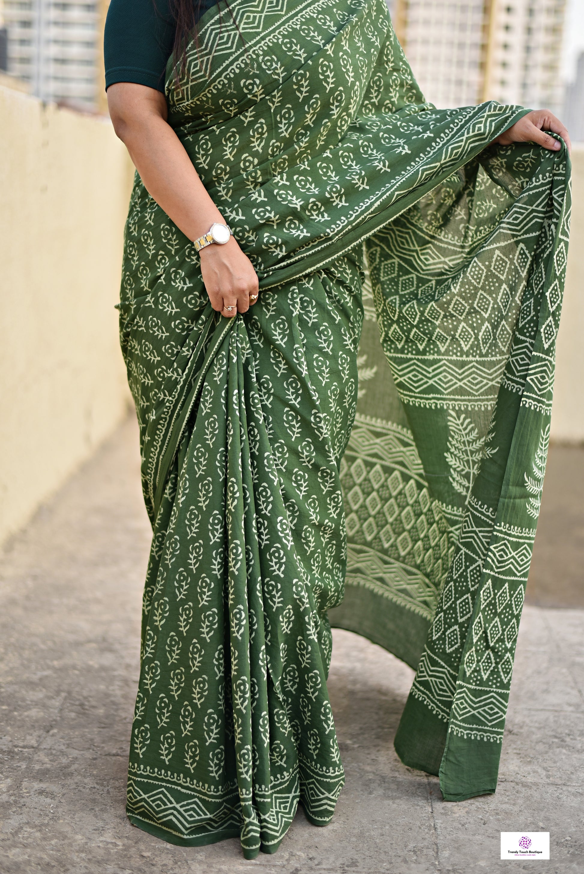 handblockprint green mulcotton saree best summer fabric office and casual saree styling best price with blouse piece