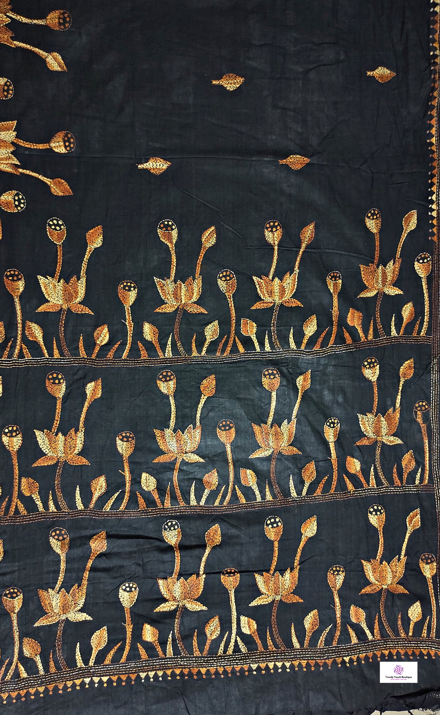 black khadi cotton handloom kantha handembroidered famous lotus design best summer fabric best price with blouse piece summer celebrations saree