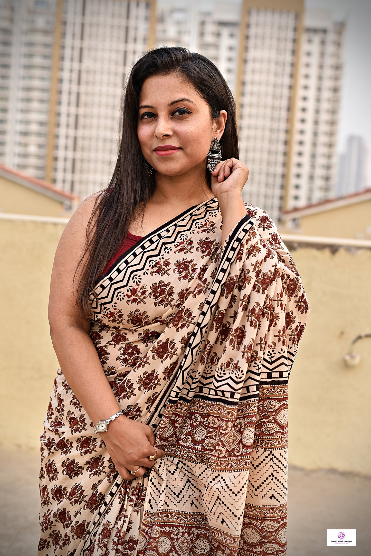 handblock printed mulcotton bagru pattern beige red black small prints best summer fabric for office and casual styling best price with blouse piece