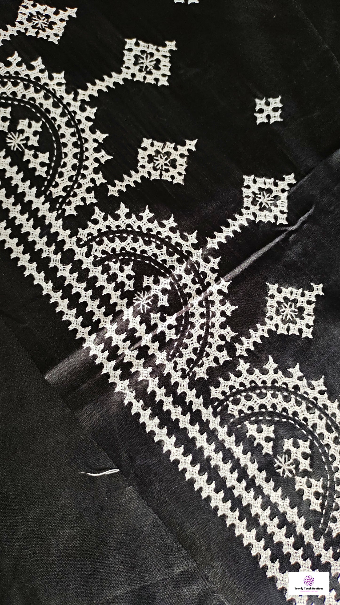 black white kutch handembroidered designer blended bangalore silk saree for wedding and special occasion office events with blouse piece and best price