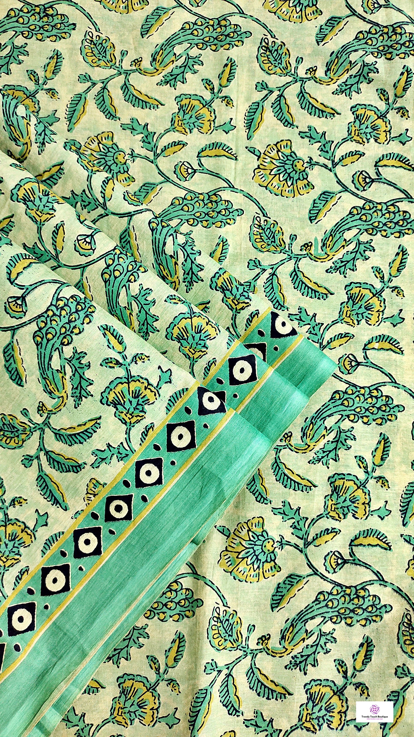 Green organic handblock print mul cotton saree ajrakh vanaspati natural dye floral print best summer fabric office and daily wear saree