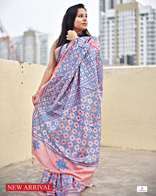 CHITRANGADA - KUTCH HAND EMBROIDERED - BLENDED BANGALORE SILK (PEACH)