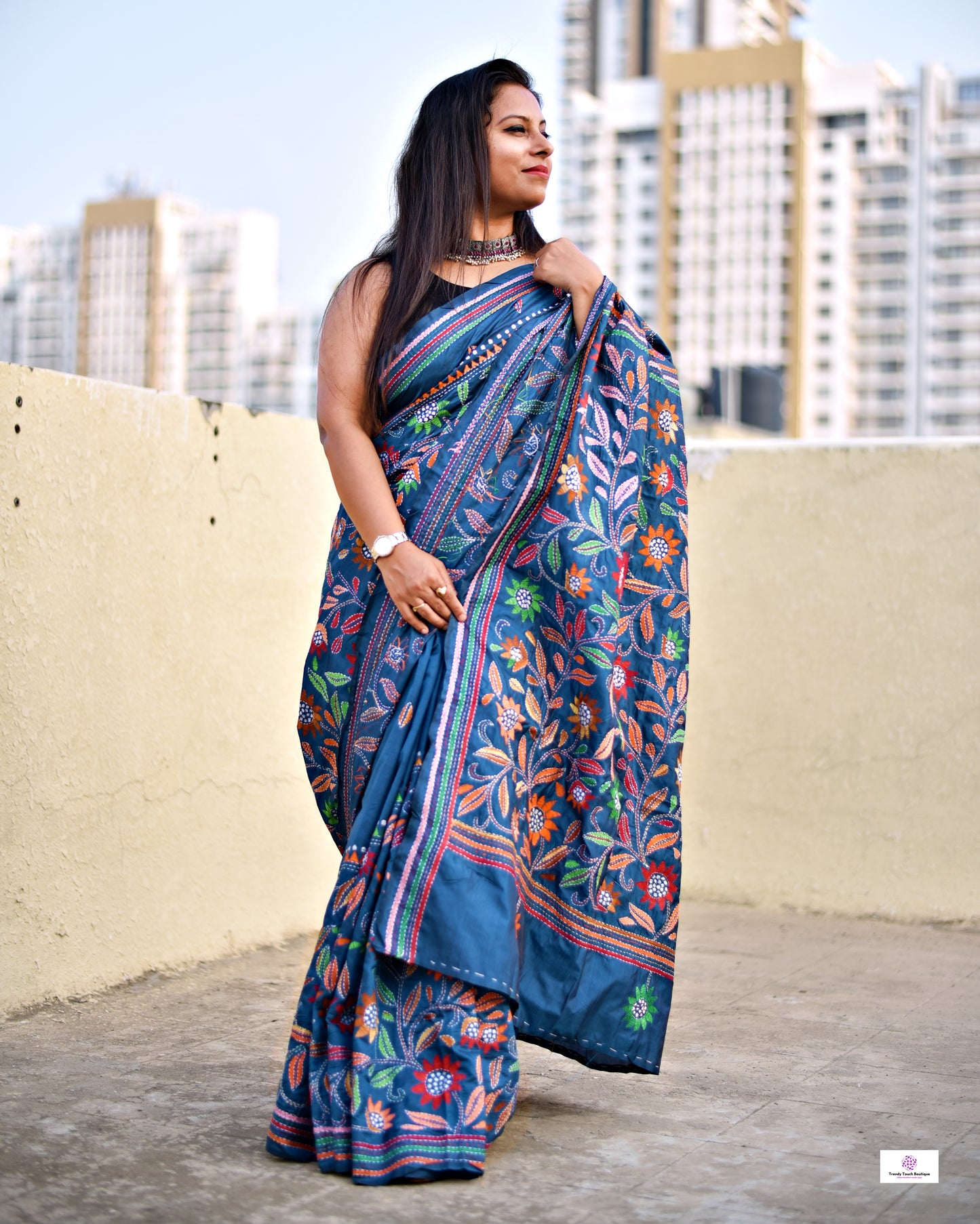 BLUE color multicolored thread kantha handembroidered designer bangalore art silk saree in floral pattern with blouse piece best price lightweight saree for wedding and office formal celebrations events with blouse piece