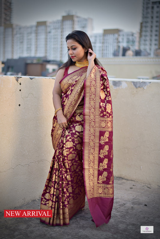 AISHWARYA - HANDWOVEN GEORGETTE BANARASI - WINE COLOR