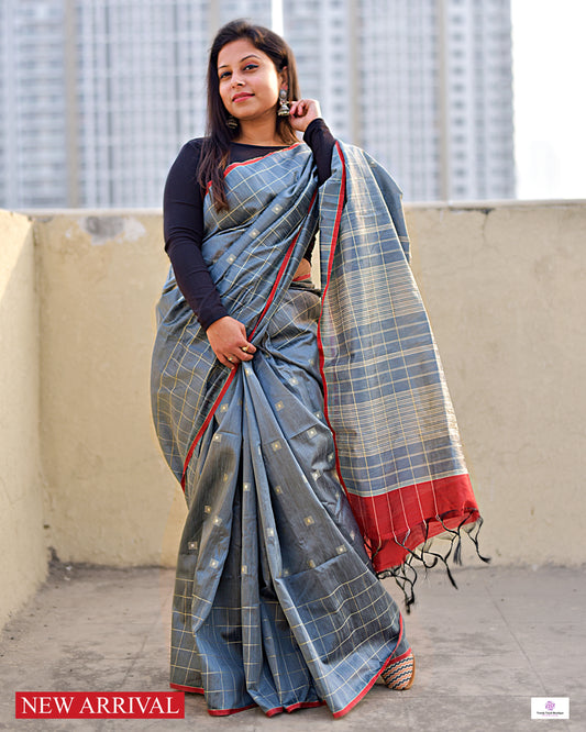 TANDRA - SILK COTTON SAREE - GREY & RED